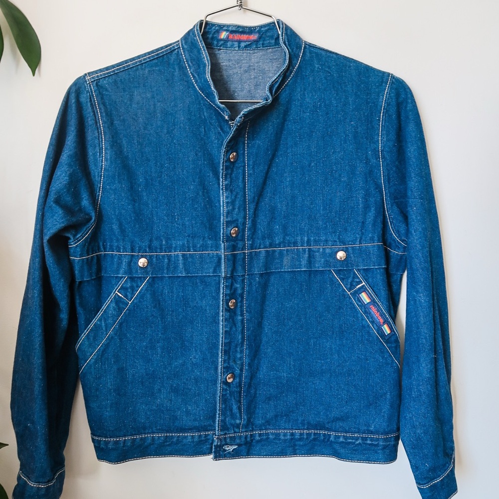 Rainbow Blue Jean Jacket with Cropped Style and Contrast Stitching